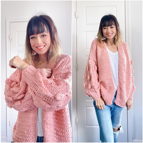 #33 Cozy Pink Oversized Open Front Pom Pom Cardigan - Picture 4 of 6